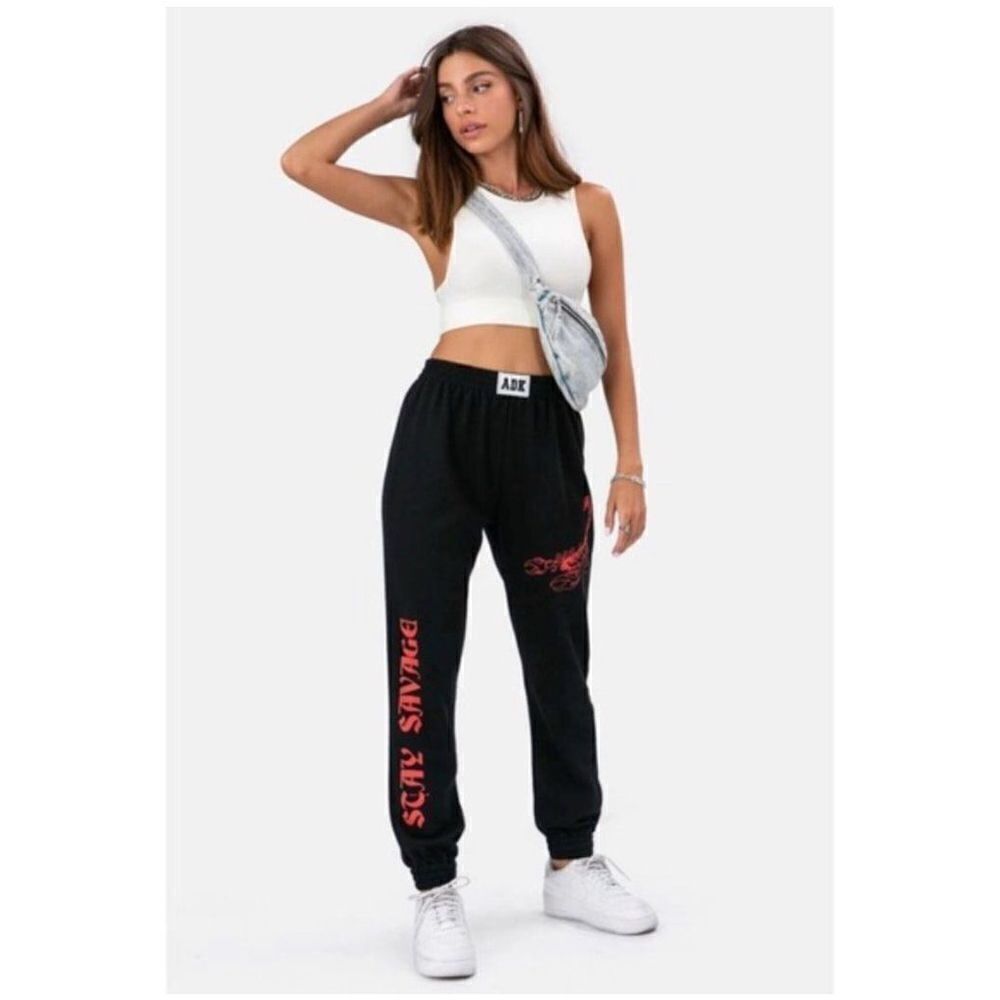 Adika Black High Rise Elastic Waist Stay Savage Graphic Jogger Sweatpants Small